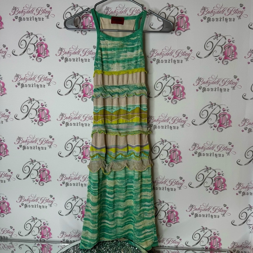 Missoni Striped Green and Yellow Maxi Dress mockneck knit ruffle frilly tiered